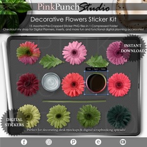 Watermeloen Wens Groen Rood Roze Gerbera Daisy Flower Kit PNG Stickers Digital Planner Scrapbooking ClipArt Desk Scene Creator GoodNotes