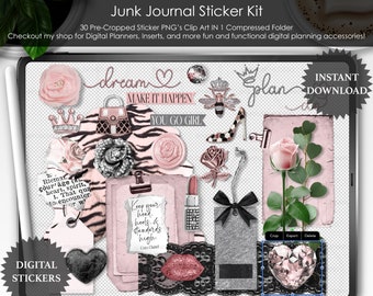 Girl Boss Pink Grey Junk Journal PNG Stickers for Digital Planner Scrapbooking Clipart Desk Scene Creator Goodnotes file included