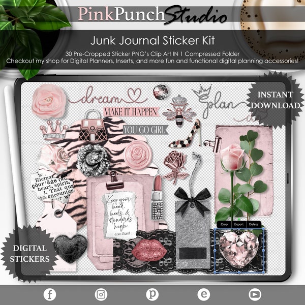 Girl Boss Rosa Grau Junk Journal PNG Aufkleber für Digital Planner Scrapbooking Clipart Schreibtisch Szene Ersteller Goodnotes Datei enthalten