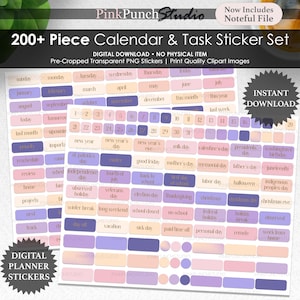 May include: A digital download of a 200+ piece calendar and task sticker set. The stickers are in various pastel colors, including pink, purple, and beige. The set includes stickers for days of the week, months, and holidays. The text "Pink Punch Studio" is visible.