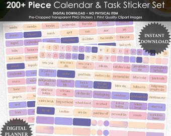 200+ Glow Season-kalender- och uppgiftsklistermärken för digitala planerare | PNG-planerarklistermärken | Månader, helgdagar och datumetiketter