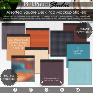 Könnte beinhalten: Eine Auswahl an quadratischen Schreibtischunterlagen-Mockup-Stickern in verschiedenen Farben und Mustern. Das Bild zeigt 10 vorgeschnittene PNG-Notizblock-Aufkleber, 5 Overlays und 2 PNG-Notizblockhalter. Der Text lautet "Sofort-Download" und "Digitale Aufkleber".