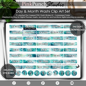 Adesivi Washi per giorni e mesi "Summer Dreams" / Etichette per planner digitale / PNG pretagliati per GoodNotes / Set di clipart blu per Junk Journal