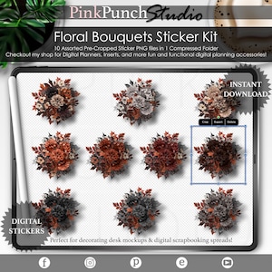 Op de afbeelding: Een digitale stickerset met 10 voorgecropte bloemboeketten in verschillende tinten grijs, bruin en oranje. De boeketten zijn gerangschikt in een raster op een transparante achtergrond. De tekst "INSTANT DOWNLOAD" is zichtbaar in de rechterbovenhoek van de afbeelding.