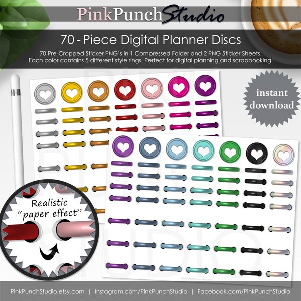 Digital Planning Ring Discs Set Transparent PNG Files Scrapbooking Clipart Silver Gold Copper Pink Red Purple Green Blue Black Holographic