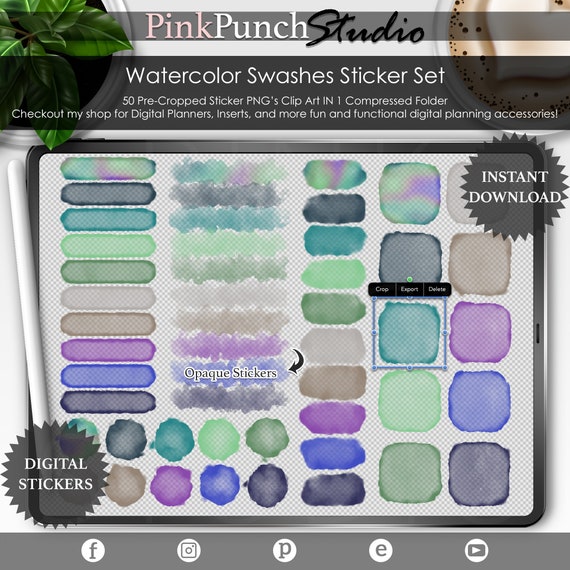 Posh Peacock Watercolor Swashes Sticker Kit ClipArt PNG Scrapbooking Planner Planning Journal Notebook Mockup GoodNotes Brush Strokes