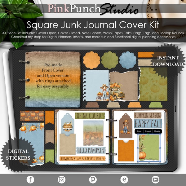 Pumpkin Patch Fall Autumn Green Orange Square Junk Journal Cover Kit PNG Stickers Notebook Mockup for DIY Digital Planners and Scrapbooking