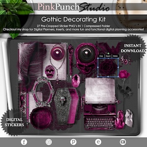 May include: A digital sticker set with a gothic theme. The set includes a variety of images, including a skull, a rose, a feather, a typewriter, a coffin, and a crystal. The stickers are in shades of pink and black.