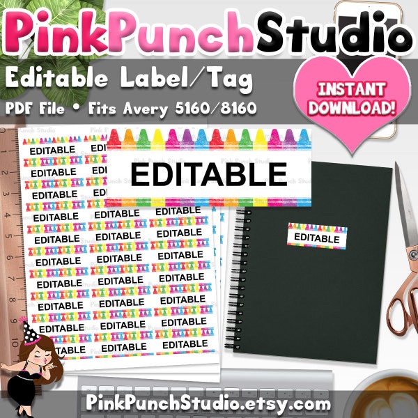 Editable School Labels Printable PDF File Fits Avery 5160 8160 Name Tags Property Supplies Student Teacher Class