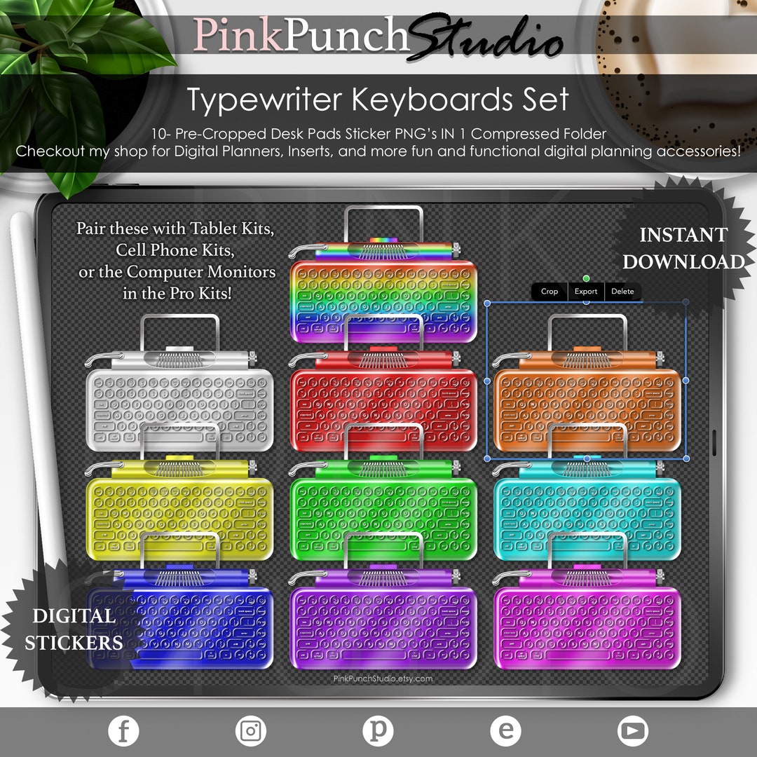 Neon Typewriter Keyboard Stickers Set Top View Desk Mockup Digital