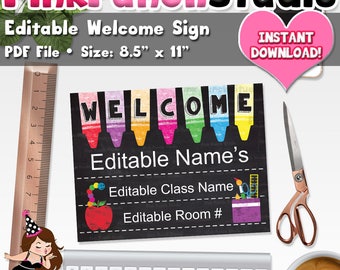 Editable Classroom Door Welcome Sign PDF File Instant Download Size 8.5" x 11" Teacher Chalkboard Art Print