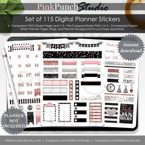 New Year January Digital Planner Stickers Kit Transparent PNG Files Notebook Journal Glitter Set Digibujo Scrapbooking Clip Art Rose Gold