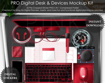 Red PRO Digital Desk and Devices Mockup Kit PNG Planner Stickers Planning Precropped Scrapbooking ClipArt Top View Scene Creator Notepad