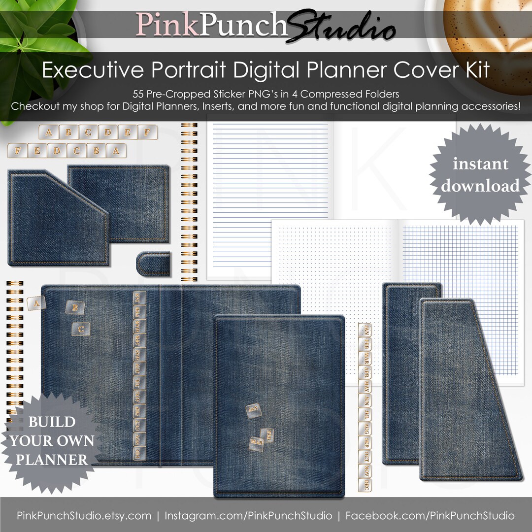 Denim Blue Jean Executive Portrait Digital Planner Cover Kit Rings ...