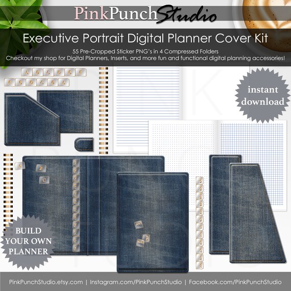 Denim Blue Jean Executive Portrait Digital Planner Cover Kit Etsy