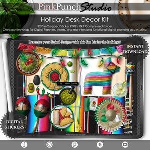 Cinco de Mayo Holiday Decor Kit Planificación Digital Recortado Transparente PNG Scrapbooking ClipArt Planner Pegatinas Mockup Desk Escena Top View