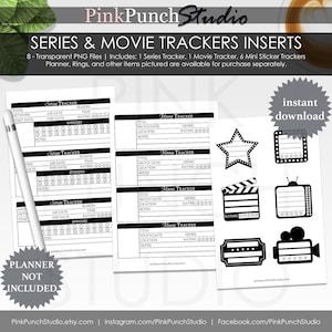 May include: Digital planner inserts featuring black and white Series Tracker and Movie Tracker templates. Includes six mini sticker trackers shaped like stars, televisions, and film equipment. Text includes Series Tracker, Movie Tracker, and instant download.