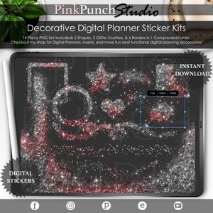 May include: A digital planner sticker kit with 14 pieces, including 5 shapes, 3 glitter scatters, and 6 borders. The stickers are in a digital format and are designed to be used in digital planners. The stickers are pink and silver and have a glittery texture. The image shows the stickers on a digital tablet screen.