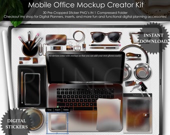Kit de maqueta de oficina móvil para jefas: pegatinas digitales para agendas y creador de escenas de escritorio (PNG)
