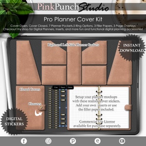 Coastal 9 Pro Planner Cover Kit Digital Planning PNG Stickers Rings Pockets Lined Blank Dot Grid Graph Inserts Notebook Silver Mockup