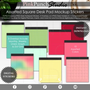 May include: A set of 10 digital planner stickers featuring various desk pad mockups. The stickers include different grid patterns, lined paper, and a calendar. The text "INSTANT DOWNLOAD" and "10 Assorted Colors" is visible in the image.