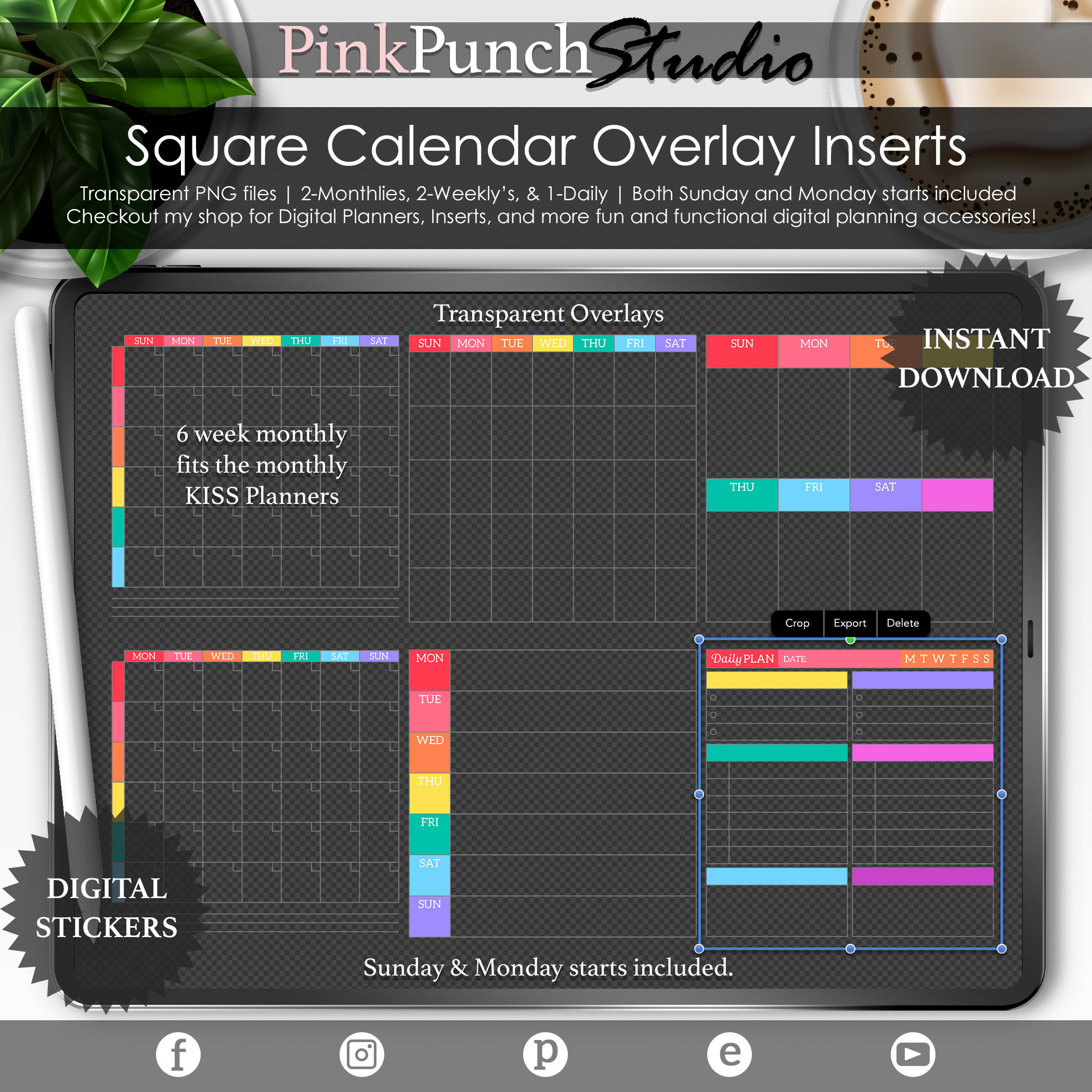 Flower Power Rainbow Digital Planner Overlays: Undated Monthly, Weekly, Daily (PNG Files)