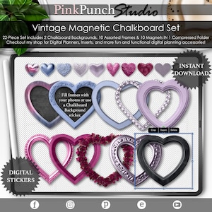 May include: A digital planner sticker set with 22 pieces, including 2 chalkboard backgrounds, 10 heart-shaped frames, and 10 magnets. The frames are in various colors, including pink, purple, and blue, and feature ornate designs. The set is perfect for adding a touch of vintage charm to your digital planner.