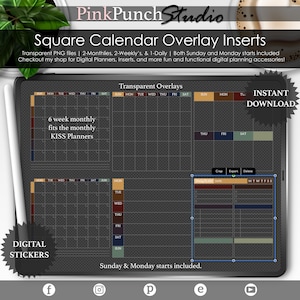 May include: Digital planner calendar overlay inserts with transparent backgrounds. The overlays are designed to fit 6-week monthly KISS planners. The image shows a digital planner with a calendar overlay, a digital sticker pack, and a digital planner with a weekly layout. The text "Instant Download" is visible in the top right corner of the image.