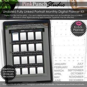 White Monthly Portrait KISS Planner PPS Digital Planning Kit Undated Perpetual Monthly Overlays Hyperlinked PDF Monthly Weekly Daily Desktop