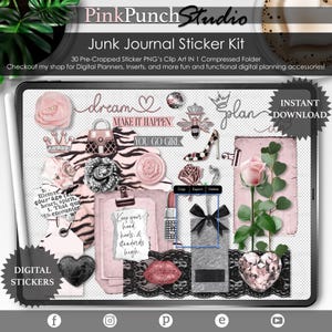 Adesivi PNG per diario di spazzatura rosa e grigio Girl Boss per planner digitale, scrapbooking, clipart, creatore di scene da scrivania, file Goodnotes incluso