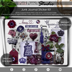 Ja Königin Lila Blau Rot Junk Journal PNG Aufkleber für Digital Planner Scrapbooking Clipart Schreibtisch Szene Ersteller Goodnotes Datei enthalten