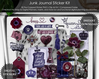 Yes Queen Purple Blue Red Junk Journal PNG Stickers for Digital Planner Scrapbooking Clipart Desk Scene Creator Goodnotes file included