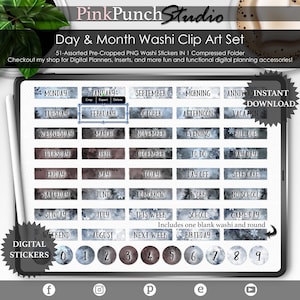 Chill AF Day & Month Washi Stickers: Pre-Cropped PNG Planner Stickers (Digital Download)