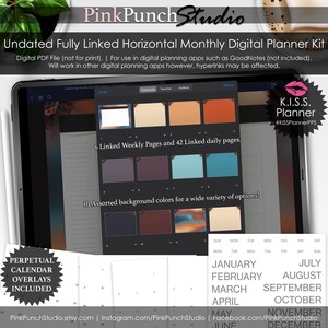 May include: A digital planner kit with a colorful background and a preview of the monthly calendar pages. The kit includes 6 linked weekly pages, 42 linked daily pages, and 10 assorted background colors. The text "K.I.S.S. Planner #KISSPlannerPPS" is displayed in the upper right corner.