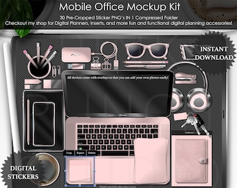 Kit de maquete de escritório móvel rosa e prata PNG adesivos de planejador digital planejamento pré-cortado scrapbooking clipart vista superior criador de cena de mesa