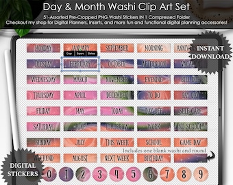 Washi-klistermärken med Spells and Sparkles-motiv för dag och månad: Förbeskurna PNG-planerarklistermärken (digital nedladdning)