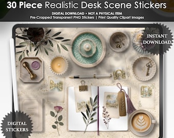 Conjunto de 30 adesivos realistas para mesa de trabalho | Adesivos para planner digital da era das deusas | Adesivos PNG vintage para diário | Decoração aconchegante para mesa
