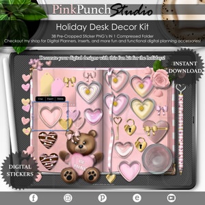 Pastel Valentine's Day Holiday Decor Kit Pianificazione digitale Precropped Transparent PNG Scrapbooking ClipArt Planner Stickers Mockup Desk Scene