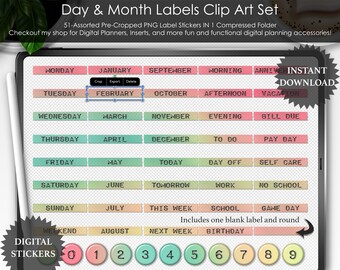 Strawberry Wasted Day & Month Label Stickers: Digital Planner Clip Art (PNG)