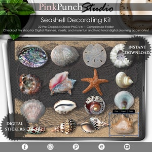 May include: A digital sticker set featuring 22 pre-cropped images of seashells in various shapes, colors, and textures. The images are displayed on a digital tablet screen with a background of sand and a fishing net. The text "Seashell Decorating Kit" and "Digital Stickers" are also visible on the screen.