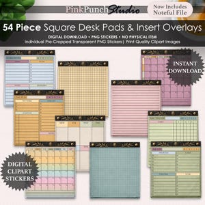 May include: A collection of 54 digital square desk pads and insert overlays featuring various layouts like calendars, habit trackers, and task lists. Each item includes a dark decorative header with gold leaf accents and text labels.