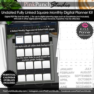 Square White Monthly Portrait KISS Planner Kit de planification numérique PPS Calendrier perpétuel non daté Superpositions PDF avec lien hypertexte Mensuel Hebdomadaire Quotidien