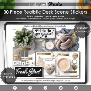 Könnte beinhalten: Digitaler Download von 30 realistischen Schreibtisch-Szene-Stickern. Das Bild zeigt verschiedene Elemente wie eine Pflanze, eine Kerze, einen Knoten, eine Kaffeetasse und inspirierende Zitate. Die Sticker sind für digitale Planer, Journale und Scrapbooks konzipiert. Der Text "Hello gorgeous!" ist sichtbar.