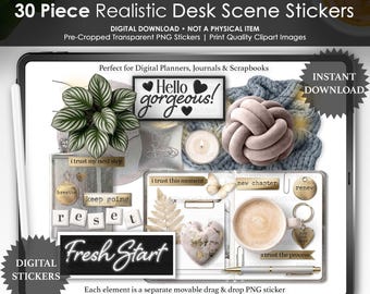 30-delade realistiska skrivbordsklistermärken | Digitala planeringsklistermärken med mjuk återställning | Mysiga skrivbordsklistermärken med PNG för dagbok och scrapbooking