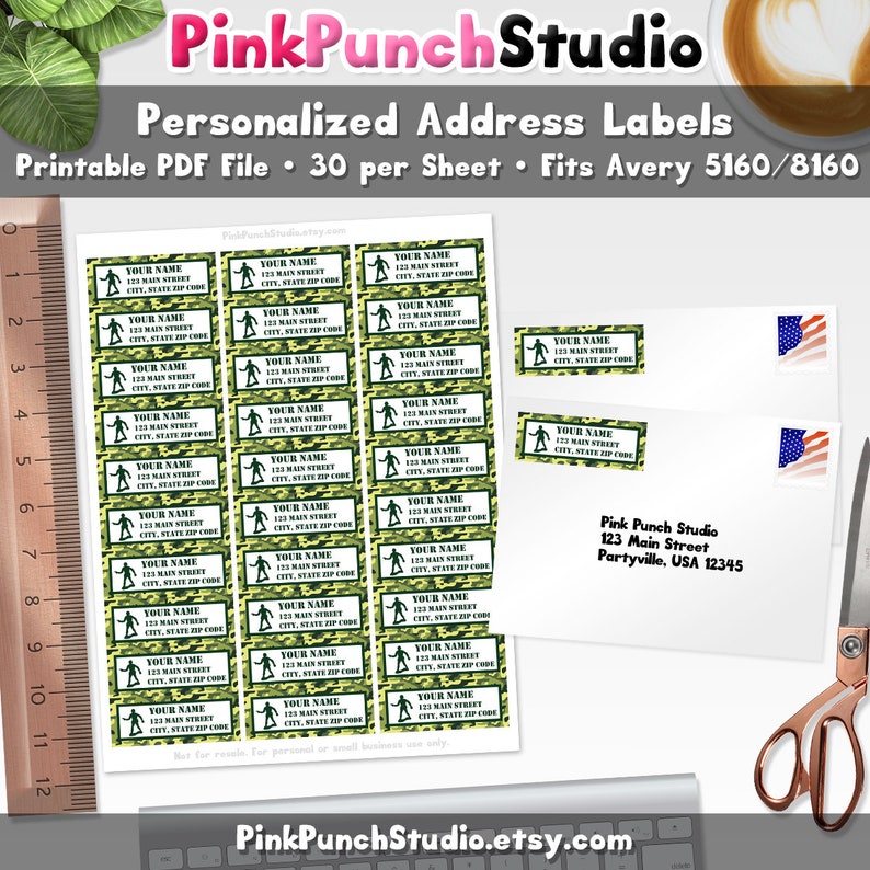 Green Army Men Return Address Labels Printable Personalized Military Camo Soldier PDF File Fits Avery 5160 or 8160 or Custom Size