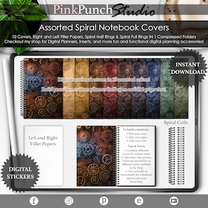 May include: Ten digital notebook covers with a steampunk theme featuring gears and cogs in various shades of brown, red, and blue. The covers are designed to be used with digital planners and include instructions on how to build a notebook with a cover, paper, and coils. The image also includes a section for digital stickers.