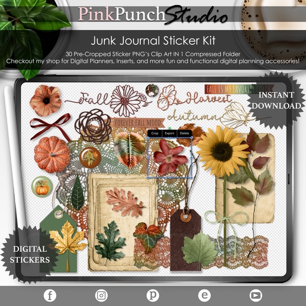 Forever Fall Orange Green Junk Journal PNG Stickers for Digital Planner Scrapbooking Clipart Mockup Desk Scene Creator Goodnotes