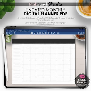 Peut inclure: Un planificateur numérique mensuel affiché sur un iPad. L'écran présente une mise en page de calendrier avec des lignes et des colonnes numérotées. Le texte en haut indique "UNDATED MONTHLY DIGITAL PLANNER PDF". Un stylet est posé sur le côté. Compatible avec Goodnotes.