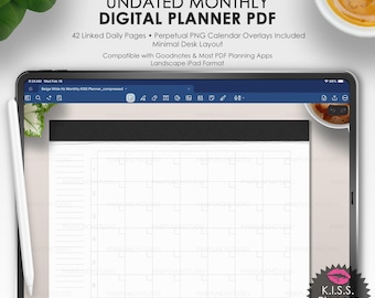Beige Undatierter Digitaler Monatsplaner | Minimal KISS Planer | Wiederverwendbare verknüpfte PDF für GoodNotes | Leeres flexibles Planungssystem