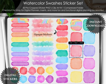 Puede incluir: Conjunto de pegatinas digitales de acuarela con varias formas y colores, incluyendo rectángulos y cuadrados redondeados. El conjunto incluye 50 pegatinas PNG precortadas. La imagen también incluye el texto "Opaque Stickers" y "Instant Download."